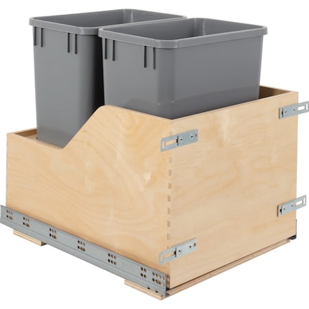 Hardware Resources Dbl 35 Quart Wood Bottom-Mount Soft-Close Trashcan Rollout For Door Mounting, Includes 2 Grey Cans CDM-WBMD3518G